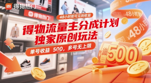 得物流量主分成计划独家原创玩法，48小时即可见到收益，单号收益5张，多号无上限【揭秘】辉睿网创|辉睿学习|辉睿创业|辉睿电商运营|辉睿小红书|辉睿网赚辉睿网创