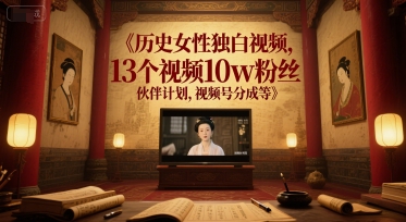 历史女性独白视频，13个视频10w粉丝，伙伴计划，视频号分成等辉睿网创|辉睿学习|辉睿创业|辉睿电商运营|辉睿小红书|辉睿网赚辉睿网创