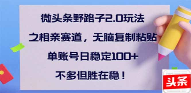 （14334期）微头条野路子2.0玩法之相亲赛道，无脑搬砖复制粘贴，单账号日稳定300+…辉睿网创|辉睿学习|辉睿创业|辉睿电商运营|辉睿小红书|辉睿网赚辉睿网创