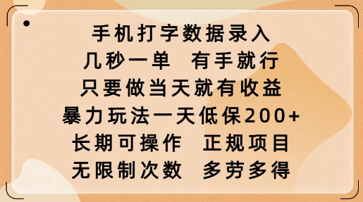 手机打字数据录入，几秒一单，有手就行，只要做当天就有收益，暴力玩法一天低保2张辉睿网创|辉睿学习|辉睿创业|辉睿电商运营|辉睿小红书|辉睿网赚辉睿网创