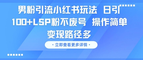 男粉引流小红书玩法，日引100+LSP粉不废号，操作简单，变现路径多辉睿网创|辉睿学习|辉睿创业|辉睿电商运营|辉睿小红书|辉睿网赚辉睿网创
