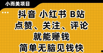 小而美的项目，抖音小红书B站视频点赞、关注、评论就能挣钱，简单无脑立见收益，妥妥的零撸项目【揭秘】辉睿网创|辉睿学习|辉睿创业|辉睿电商运营|辉睿小红书|辉睿网赚辉睿网创