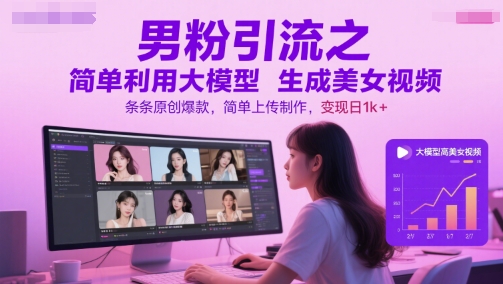 男粉引流之简单利用大模型生成美女视频，条条原创爆款，简单上传制作，变现日1k+辉睿网创|辉睿学习|辉睿创业|辉睿电商运营|辉睿小红书|辉睿网赚辉睿网创