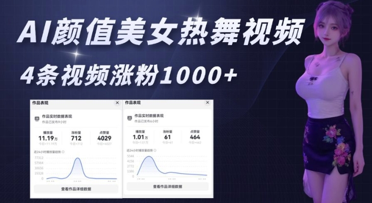 AI颜值美女热舞视频，4条视频涨粉1000+，实测6分钟一条辉睿网创|辉睿学习|辉睿创业|辉睿电商运营|辉睿小红书|辉睿网赚辉睿网创