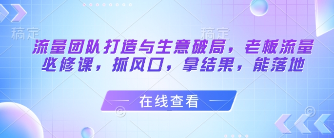 流量团队打造与生意破局，老板流量必修课，抓风口，拿结果，能落地辉睿网创|辉睿学习|辉睿创业|辉睿电商运营|辉睿小红书|辉睿网赚辉睿网创
