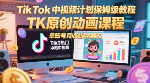 TikTok中视频计划保姆级教程，TK原创动画课程，单账号月收益4k美刀辉睿网创|辉睿学习|辉睿创业|辉睿电商运营|辉睿小红书|辉睿网赚辉睿网创