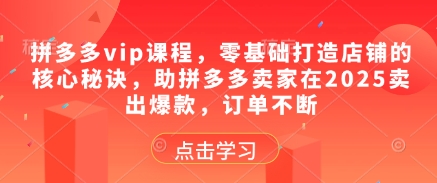 拼多多vip课程，零基础打造店铺的核心秘诀，助拼多多卖家在2025卖出爆款，订单不断辉睿网创|辉睿学习|辉睿创业|辉睿电商运营|辉睿小红书|辉睿网赚辉睿网创