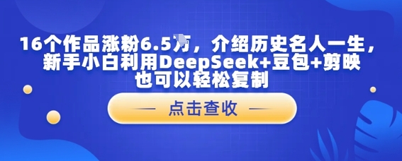 16个作品涨粉6.5W，介绍历史名人一生，新手小白利用DeepSeek+豆包+剪映也可以轻松复制辉睿网创|辉睿学习|辉睿创业|辉睿电商运营|辉睿小红书|辉睿网赚辉睿网创